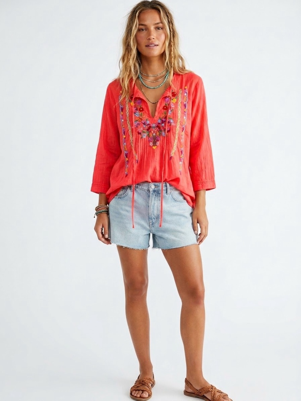 Johnny Was Hot Coral Embroidered V-Neck Tunic